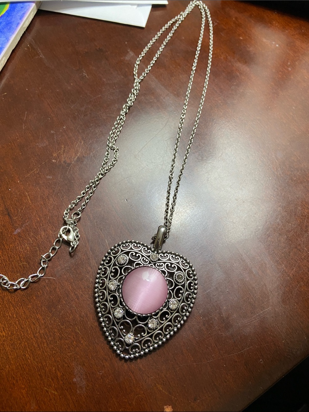 Silver Heart Pendant Necklace with Pink Cabochon